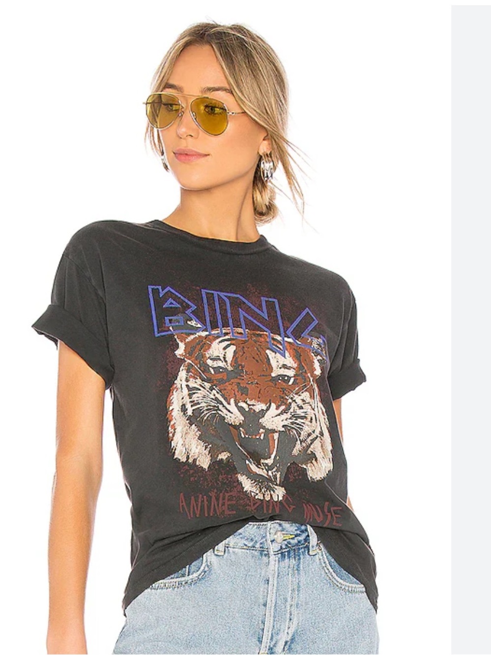 Anine Bing Tiger Tee Black Crewneck Sweatshirt with White Logo Tag
